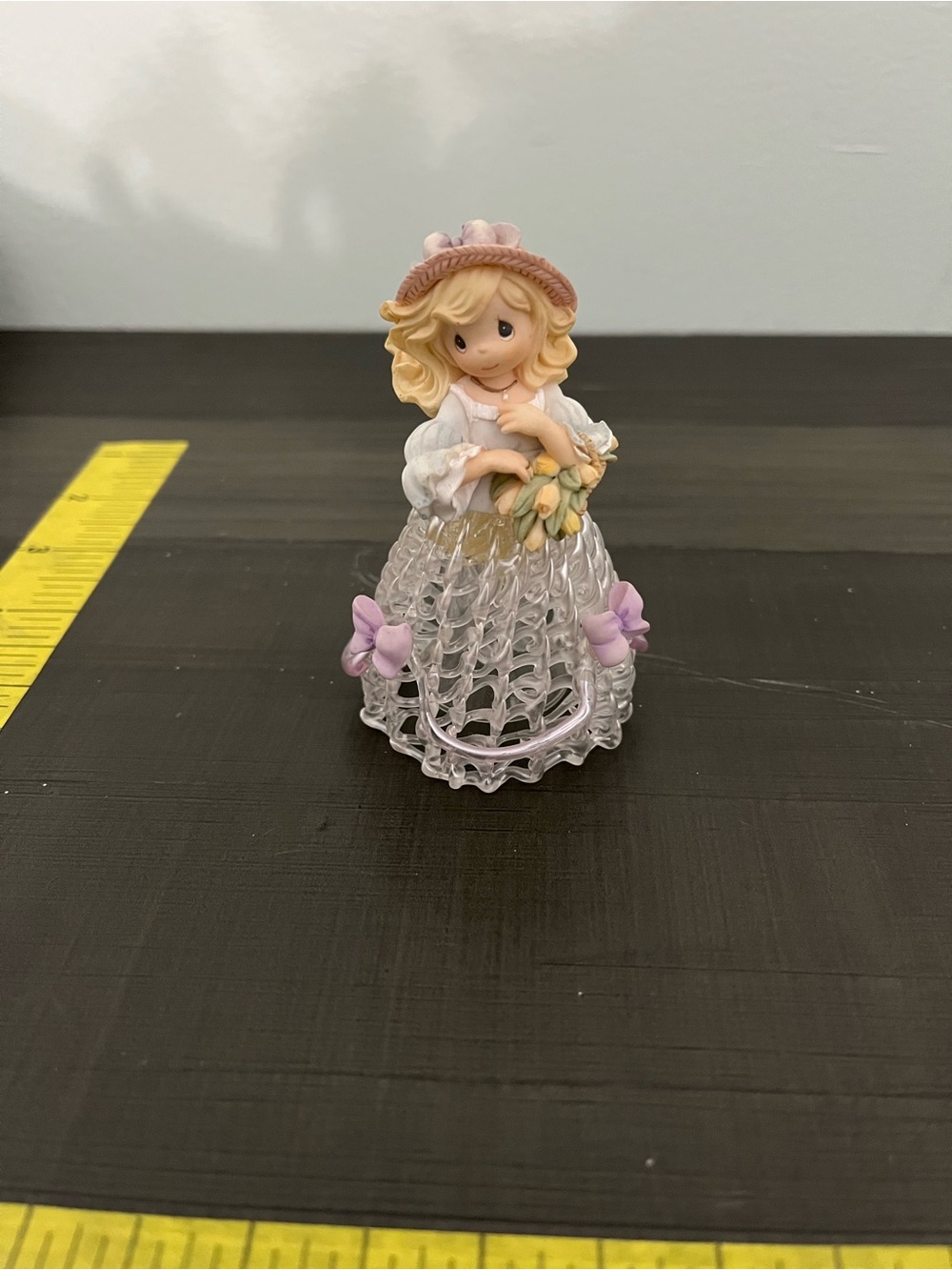 Small Precious Moment Girl bell Figurine with Lavender Accents